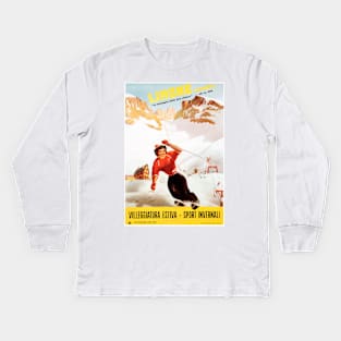 Skiing in LIMONE Piemonte by Carlo Prandoni Ski Resort Vintage Italy Travel Ad Kids Long Sleeve T-Shirt